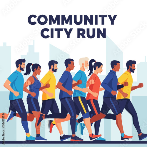 Vibrant Community City Run Depicts Diverse People Enjoying Urban Outdoor Exercise