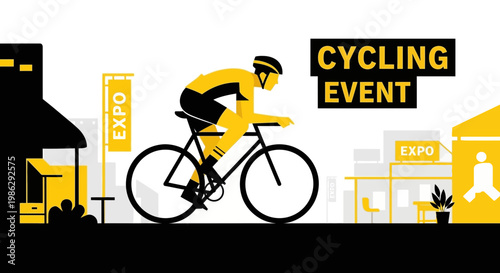 Vibrant Cycling Event Featuring Cyclist And Expo Elements In Minimalist Style