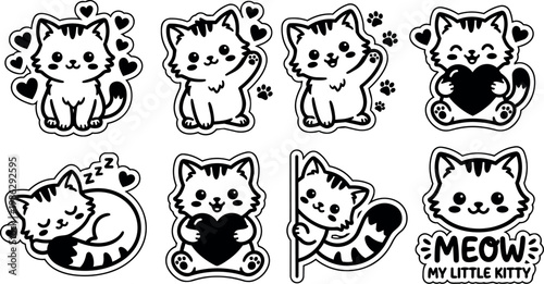 Cute black and white kittens with hearts and meow lettering vector art