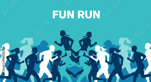 Vibrant Fun Run Illustration Featuring Runners Silhouettes Against a Teal Backdrop