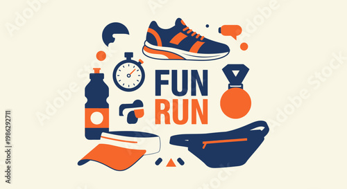 Vibrant Fun Run Illustration Featuring Running Shoes, Medal, and Accessories Design