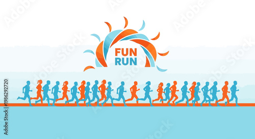 Vibrant Fun Run Illustration Featuring Runners Silhouettes and an Abstract Sun Symbol