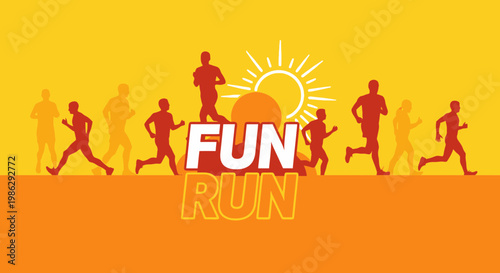 Vibrant Fun Run Illustration Featuring Silhouettes of Runners Under a Bright Sunny Sky