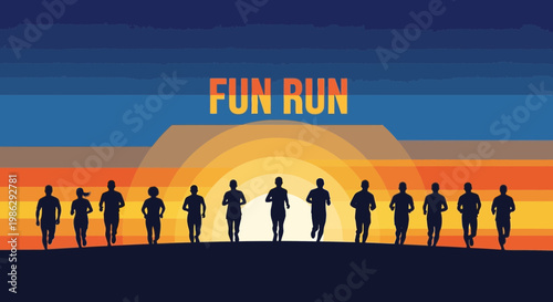 Vibrant Fun Run Silhouette: A Energetic Group Of Runners Amidst Colorful Sunset