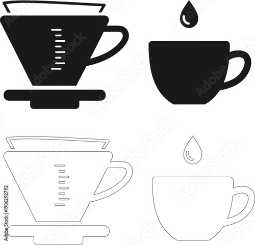 Demonstration of pour over coffee brewing process with filled and empty cups