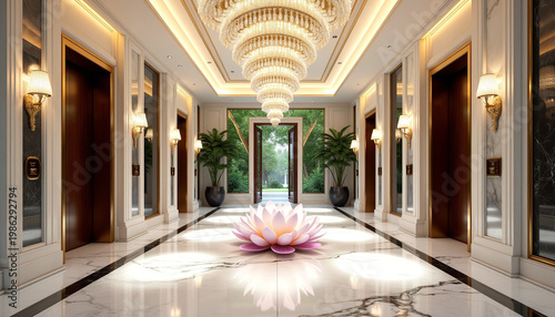 Luxury hotel lobby walkway with large floral arrangement and ornate chandelier