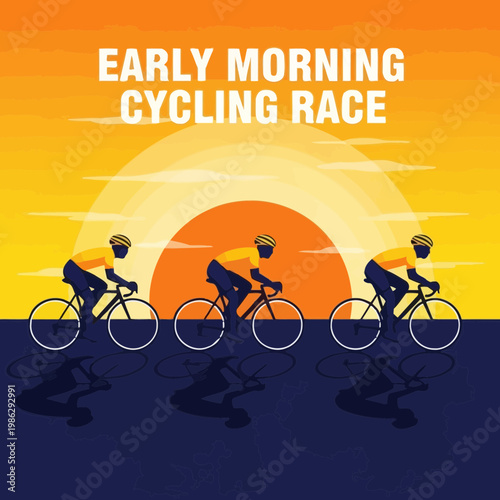 Vibrant Early Morning Cycling Race Silhouette Against a Beautiful Orange Sunset