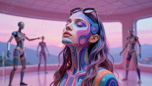 Cyberpunk Model Portrait with Robotic Figures Against a Sunset Backdrop