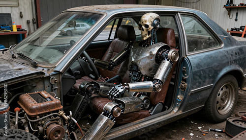 Dread Skull Cyborg Mechanism Inside a Rusty Vintage Car
