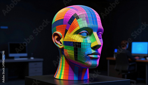 Wireframe Head Model Pop Art Graphic Representation on Dark Background