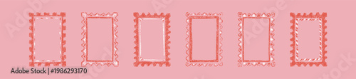 Set of pink hand drawn coquette girly doodle crayon postage stamp frames. Aesthetic pastel feminine rectangle frame for wedding invitations, bachelorette party, birthday and valentines day cards