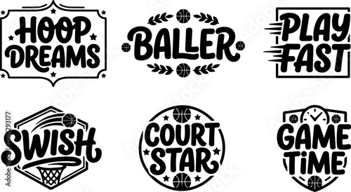 Black and white basketball phrases hoop dreams baller play fast swish court star game time vector art