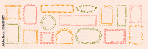 Hand drawn crayon mediterranean summer border set. Grecian, Italian style. Chalk, paint brush, charcoal grunge drawing. Spring floral boarder. Doodle sketch design element wedding, birthday invitation