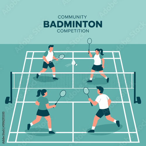 Vibrant Illustration Of A Badminton Competition Featuring People Engaged in Playful Action