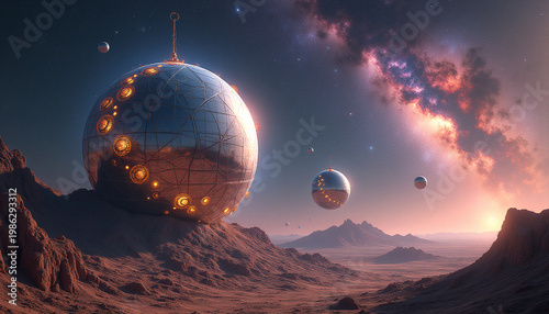 Futuristic Space Station Over Desert Horizon with Nebula Sky