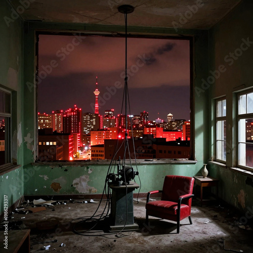 Neon-Lit Skyline View from a Dilapidated, Moody Interior