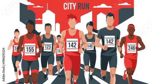 Vibrant Illustrated City Run Depicting Diverse Participants Competing in an Athletic Event