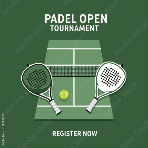 Vibrant Illustrated Padel Open Tournament Invitation with Rackets, Net, and Ball Design