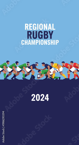 Vibrant Illustrated Poster Depicting the Regional Rugby Championship in 2024 with Players in Action