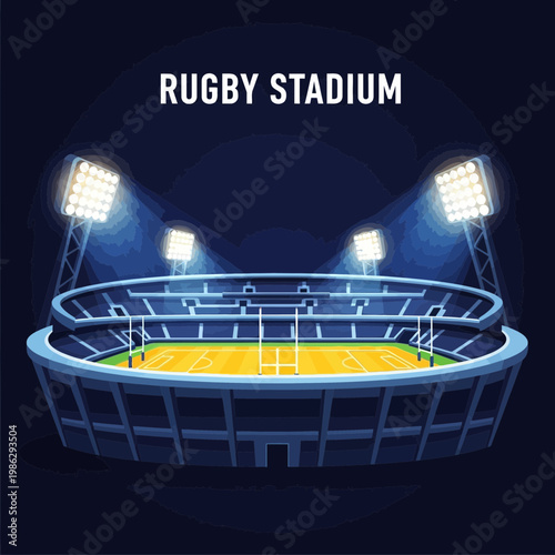 Vibrant Illustration of a Rugby Stadium Under Floodlights at Night with Dramatic Lighting