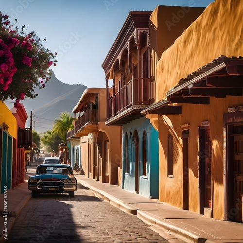 Colorful Colonial Street Scene with Vintage Car and Mountain Backdrop