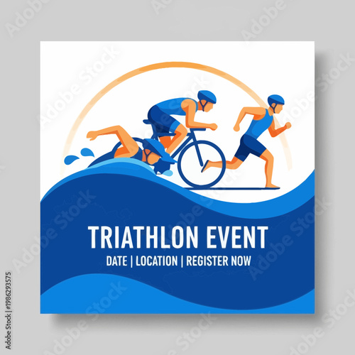 Vibrant Illustration of a Triathlon Event Promoting Swimming, Cycling, and Running Competition
