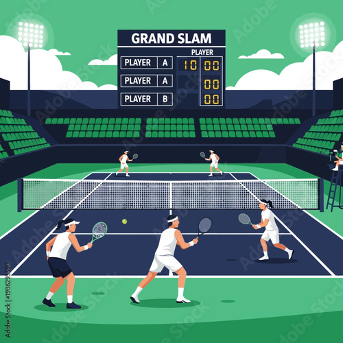 Vibrant Illustrated Tennis Match in a Grand Stadium with Scoreboard and Players Action