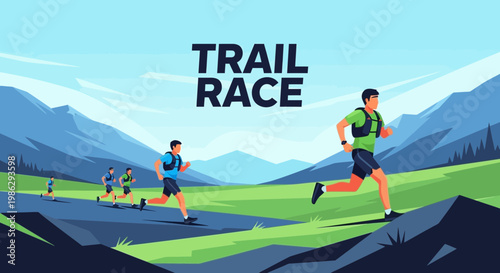 Vibrant Illustrated Trail Runners Competing in A Beautiful Mountainous Landscape