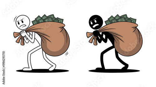 Figures carrying large bags of money with angry or stressed expressions, symbolizing financial burdens.