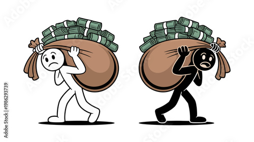 Stick figures carrying heavy sacks of money with distressed expressions, representing the burden of wealth or financial stress.
