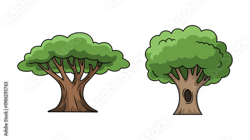 Two large, stylized trees with lush green canopies and sturdy brown trunks stand side by side