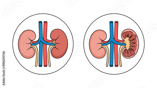 A side-by-side depiction illustrates a healthy human kidney contrasted with a damaged kidney featuring a tumor-like growth.