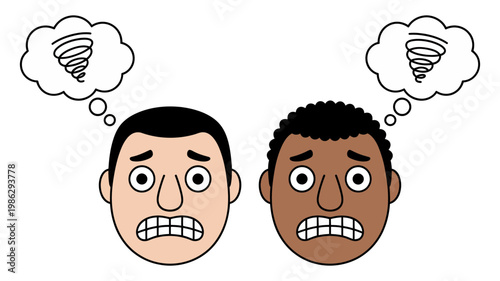 Two cartoon individuals, one with lighter skin and another with darker skin, exhibit fearful facial expressions with turbulent thoughts.