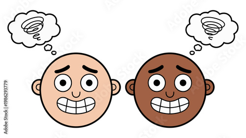 Two caricatured faces, one pale and one brown, wear wide, strained smiles while thinking about chaotic situations.