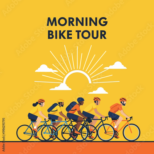 Vibrant Morning Bike Tour Depicting Cyclists Against A Sunlit Sky In Bright Colors