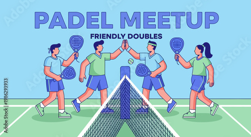 Vibrant Padel Doubles Meetup Illustration Depicting Sporty People Having Fun and Playing Padel