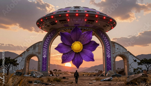 Sci-Fi Archway Structure with Giant Flower Under Dramatic Sunset Sky
