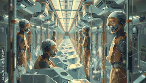 Futuristic Sci-Fi Commuter Train Interior with Robotic Passenger Avatars