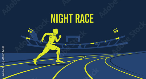 Vibrant Night Race Design Depicting a Runner On The Track With Athletic Field Illustration