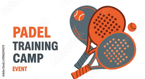 Vibrant Padel Training Camp Event Design with Rackets and Balls Graphics