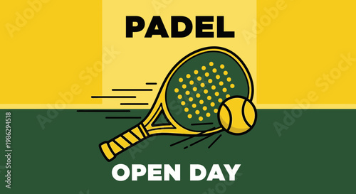 Vibrant Padel Open Day Design Featuring Racket and Ball Illustration, Sports Concept