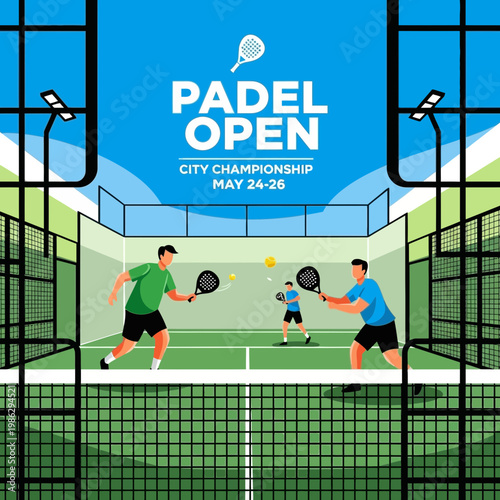 Vibrant Padel Open City Championship Design Showcasing Dynamic Players And Sport Action
