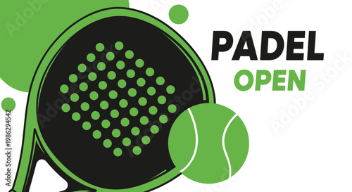 Vibrant Padel Open Graphic with Racket, Ball, and Bold Typography on a White Background