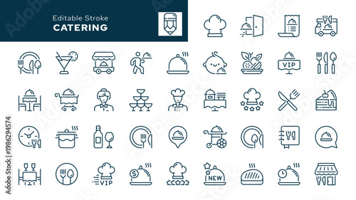 Catering. Set of outline icons. Catering service, food, delivery of ready meals, guest service, menu for event, banquet and more. Line icon in linear style. Vector collection	