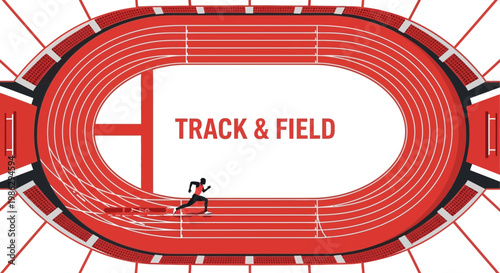 Vibrant Red Track and Field Illustration Depicting Athlete Running Around Stadium
