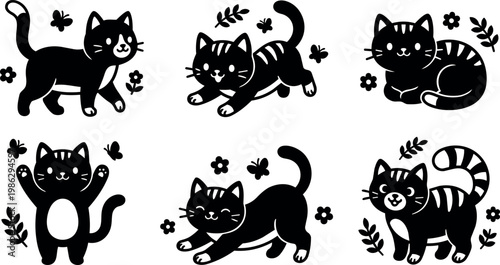 Black and white playful cats with butterflies and flowers vector art