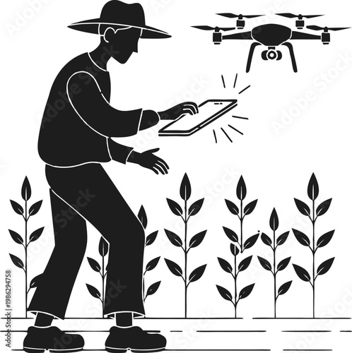 Smart farming farmer using drone and digital tablet in agriculture field silhouette vector modern minimal isolated transparent background illustration