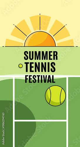 Vibrant Summer Tennis Festival Illustration Featuring Tennis Court, Ball, and Sunburst Design
