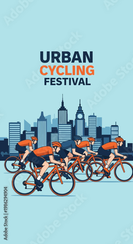 Vibrant Urban Cycling Event Featuring Energetic Cyclists and Skyline Backdrop for Sporting