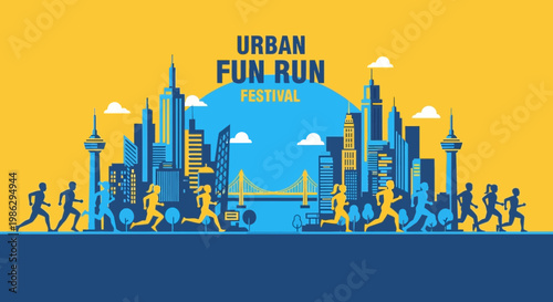 Vibrant Urban Fun Run Festival Illustration Depicting Runners Amidst City Skyline Scenery